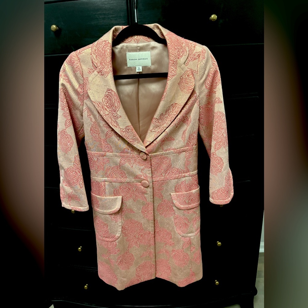 Banana Republic Metallic Floral Brocade Coat Pink Gold Silk Blend Size CS